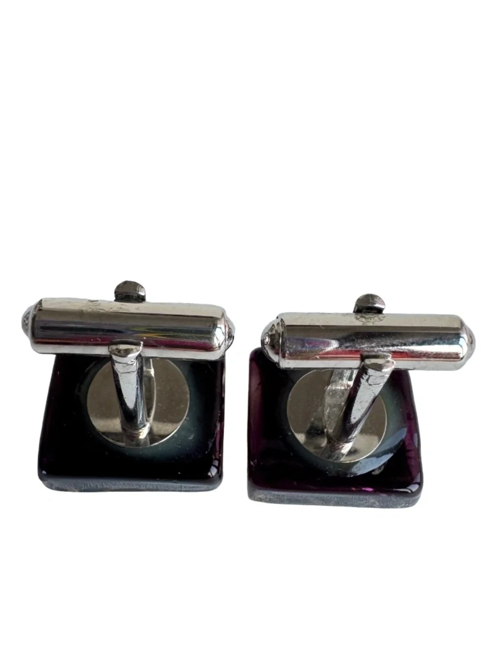 Vintage Purple Art Glass Cufflinks Gold Silver Foil Chunky Square Modernist Gift